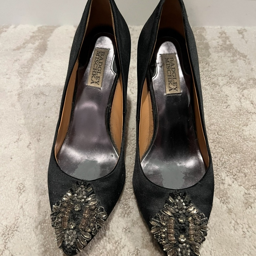 Badgley Mishka Black Satin Pump with embellishment